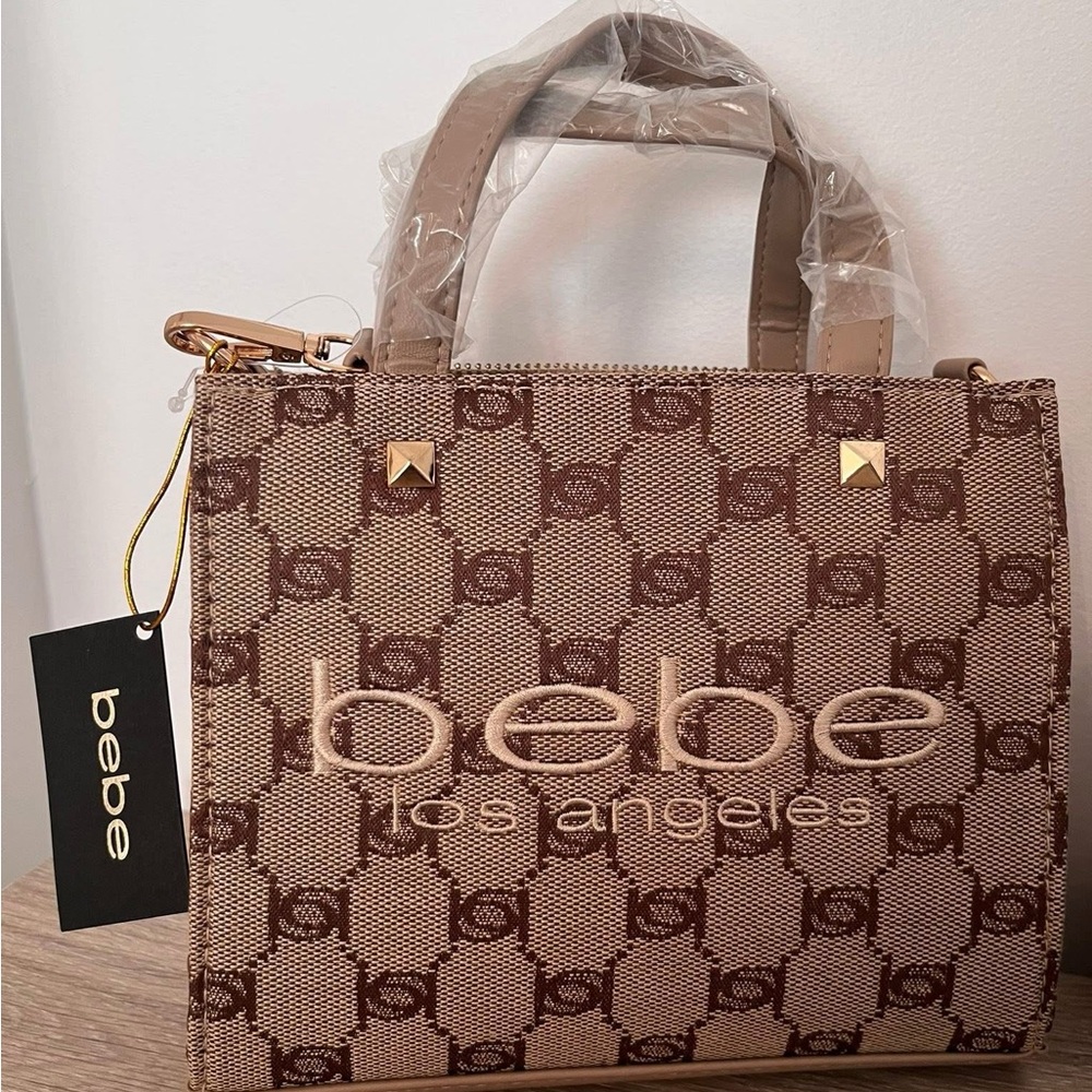 bebe Tallulah Beige Logo Mini Satchel with Gold Studs
